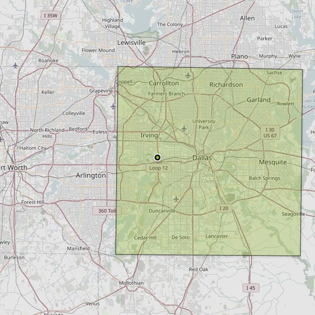 Map showing Dallas County around Dallas, TX