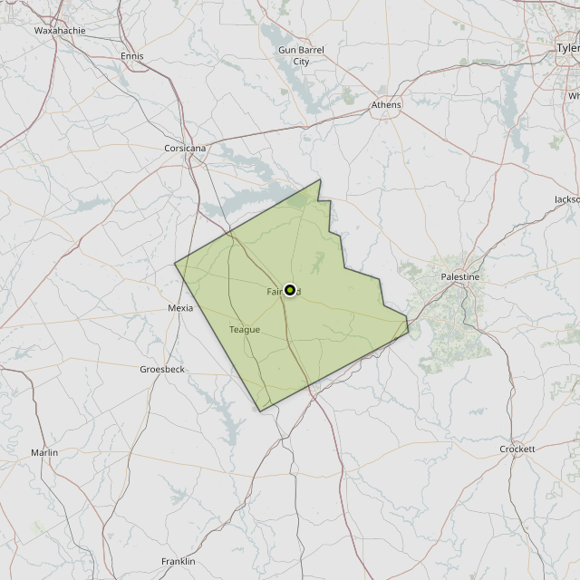 Map showing Freestone County around Fairfield, TX
