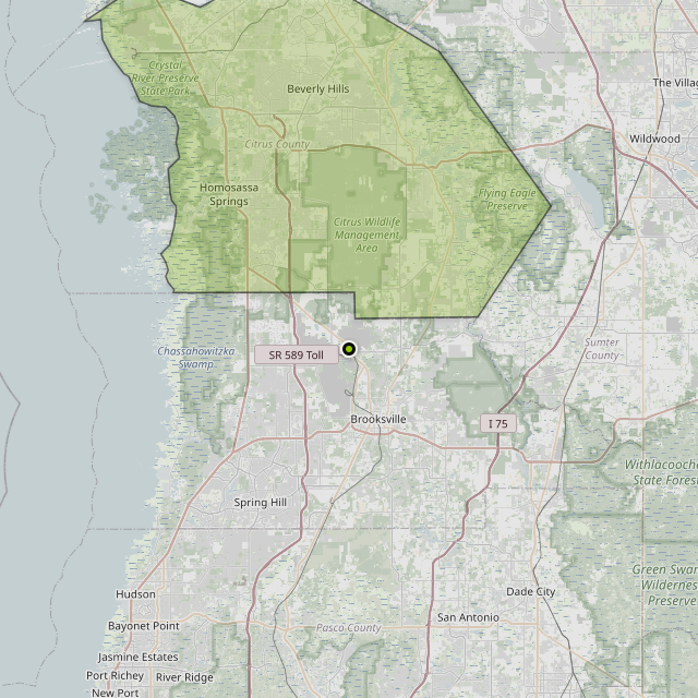 Map showing Citrus County around Brooksville, FL