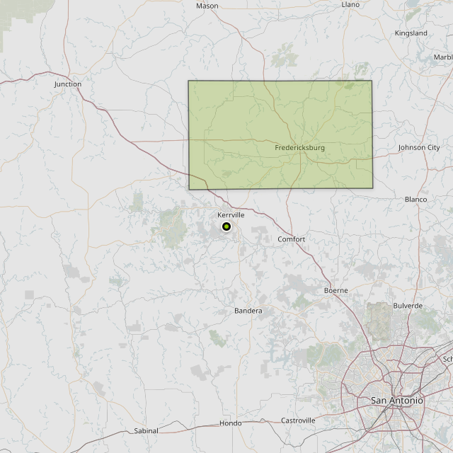 Map showing Gillespie County around Kerrville, TX