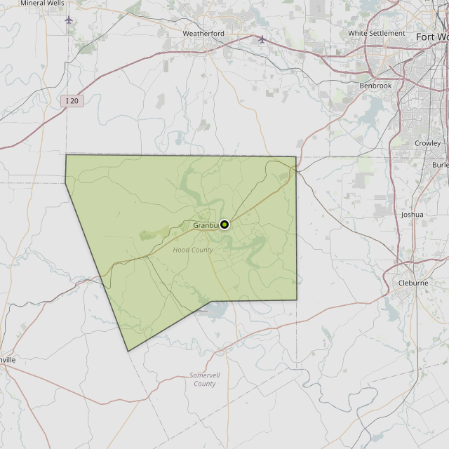 Map showing Hood County around Granbury, TX