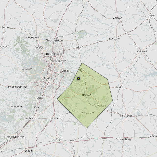 Map showing Bastrop County around Elgin, TX