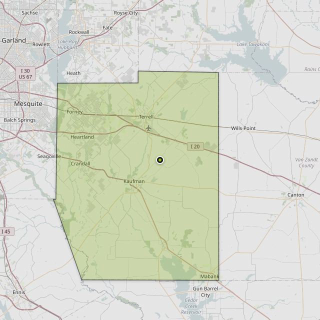Map showing Kaufman County around Kaufman, TX