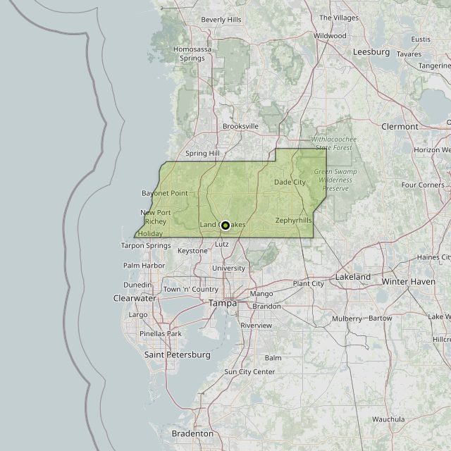 Map showing Pasco County around Land O' Lakes, FL