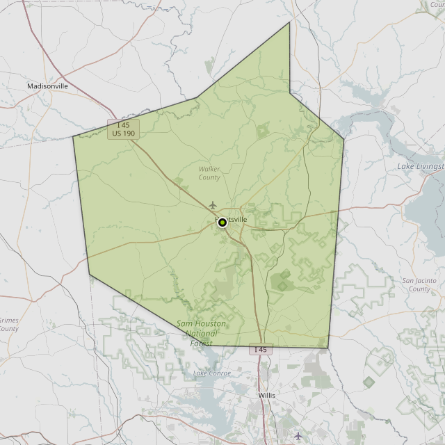 Map showing Walker County around Huntsville, TX