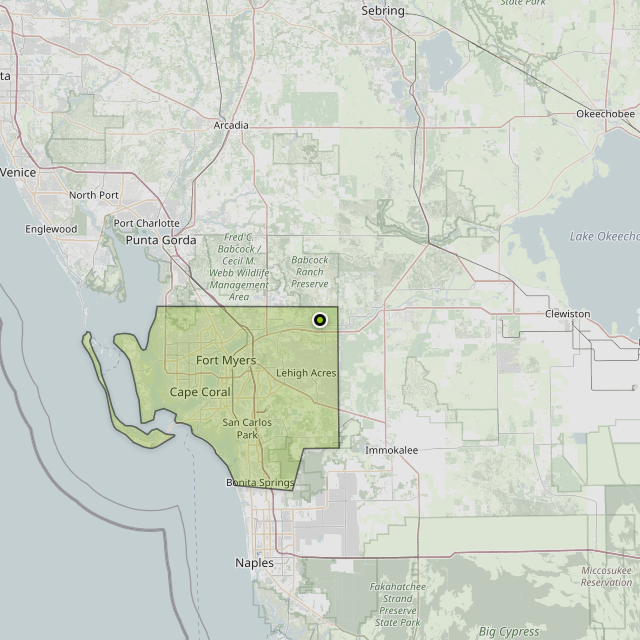 Map showing Lee County around Alva, FL