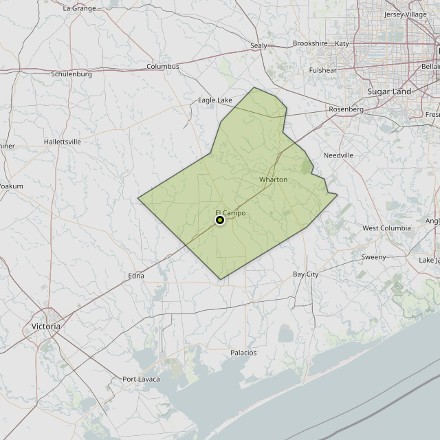 Map showing Wharton County around El Campo, TX
