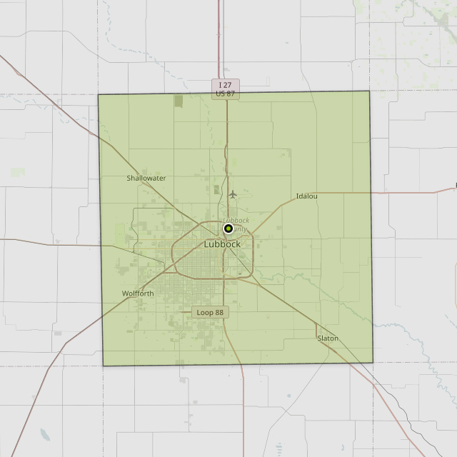 Map showing Lubbock County around Lubbock, TX