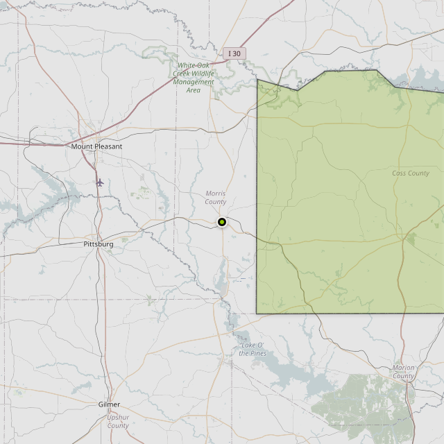 Map showing Cass County around Daingerfield, TX