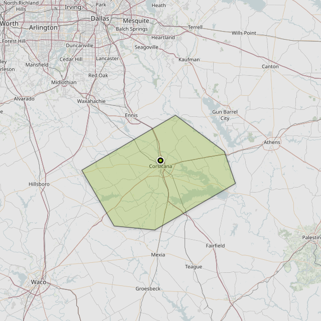 Map showing Navarro County around Corsicana, TX