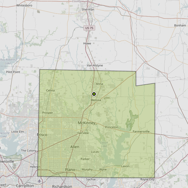 Map showing Collin County around Melissa, TX