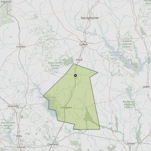 Map showing Polk County around Corrigan, TX
