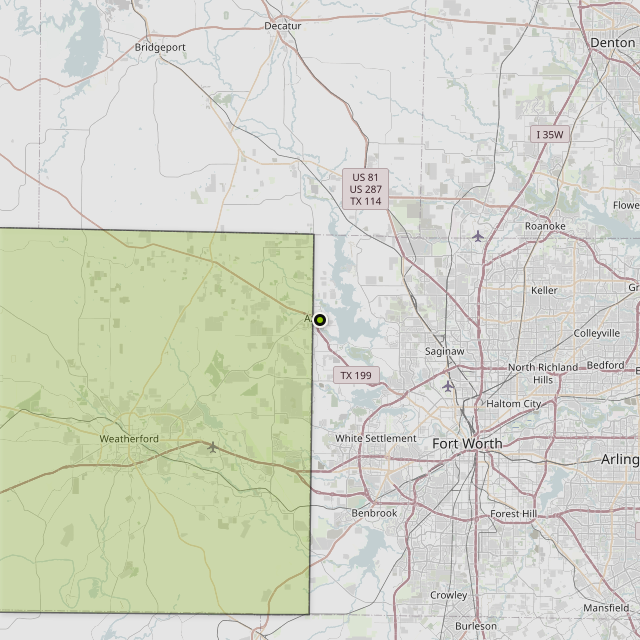 Map showing Parker County around Azle, TX