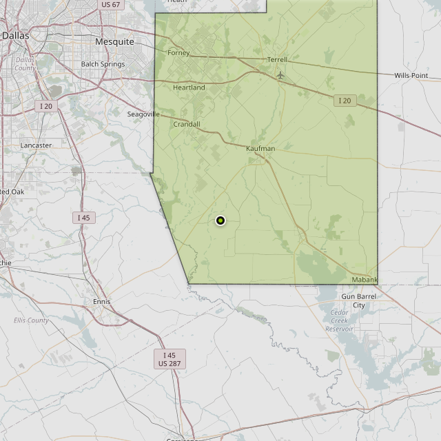 Map showing Kaufman County around Scurry, TX