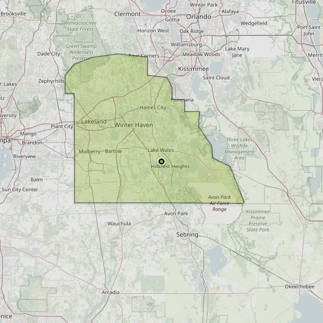 Map showing Polk County around Lake Wales, FL