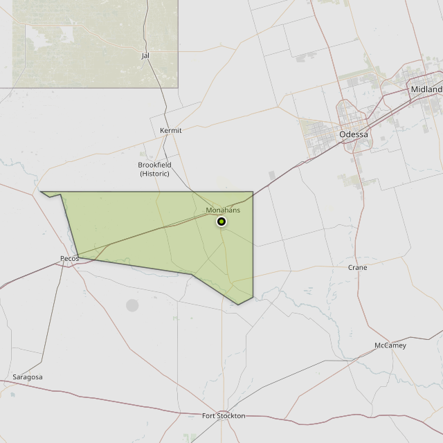 Map showing Ward County around Monahans, TX