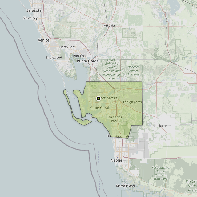 Map showing Lee County around Cape Coral, FL