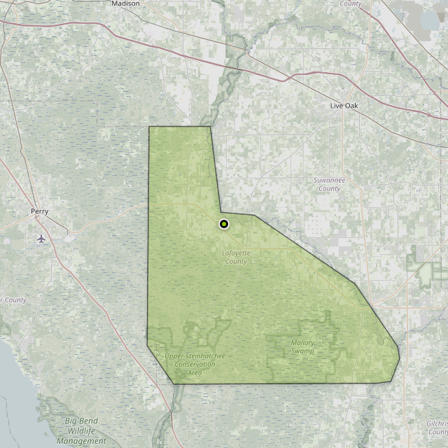Map showing Lafayette County around Mayo, FL
