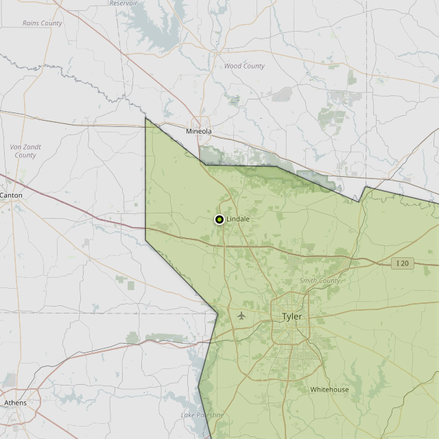 Map showing Smith County around Lindale, TX