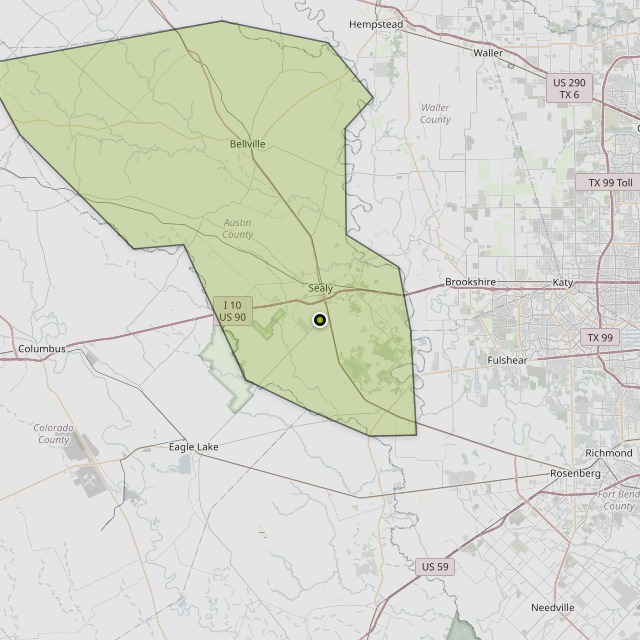 Map showing Austin County around Sealy, TX