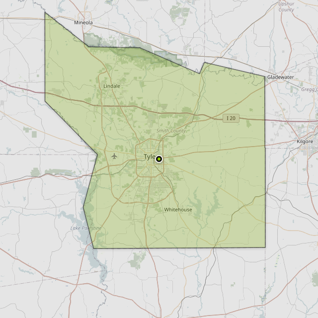 Map showing Smith County around Tyler, TX