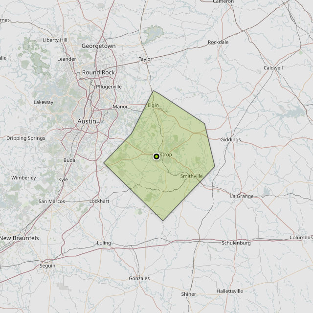 Map showing Bastrop County around Bastrop, TX