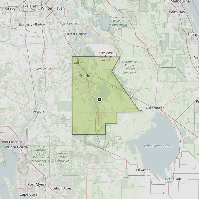 Map showing Highlands County around Lake Placid, FL