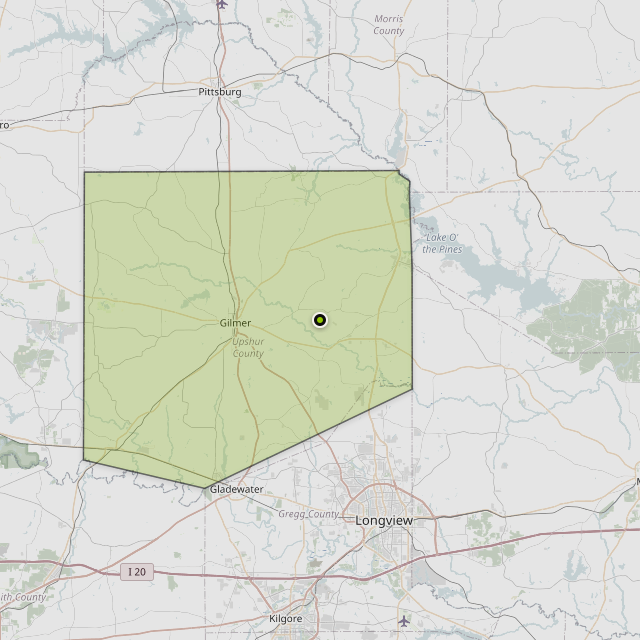 Map showing Upshur County around Gilmer, TX