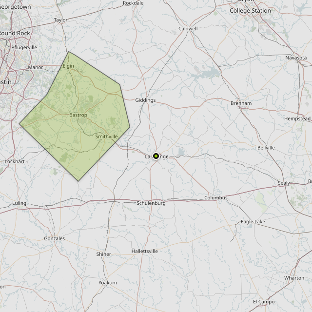 Map showing Bastrop County around La Grange, TX