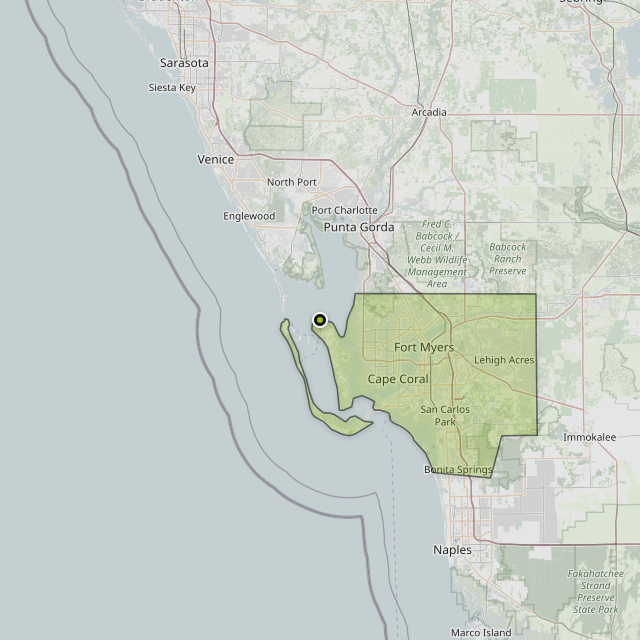 Map showing Lee County around Bokeelia, FL