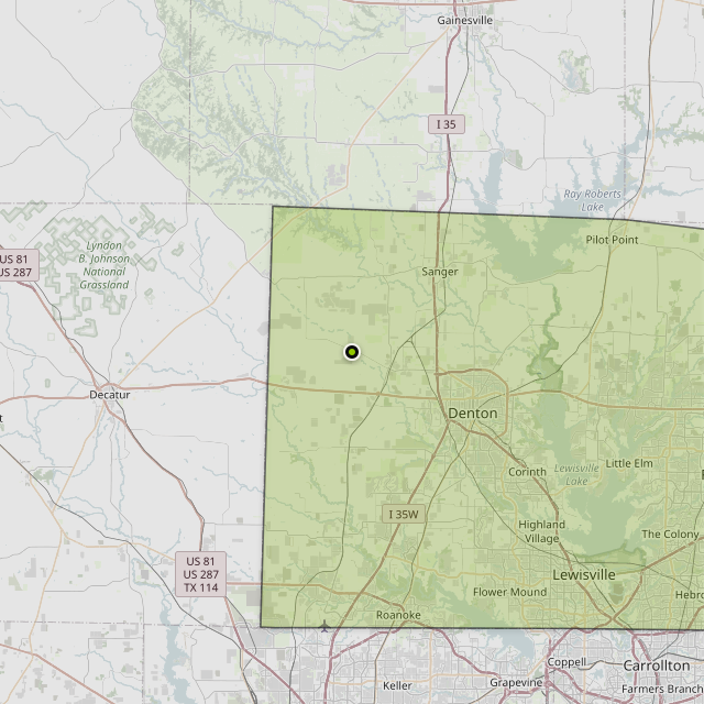 Map showing Denton County around Krum, TX