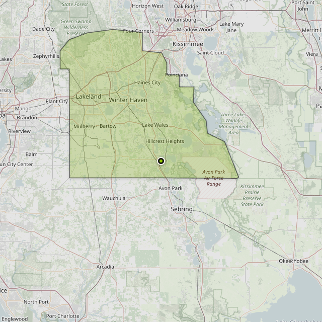 Map showing Polk County around Frostproof, FL