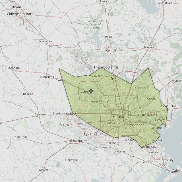 Map showing Harris County around Cypress, TX