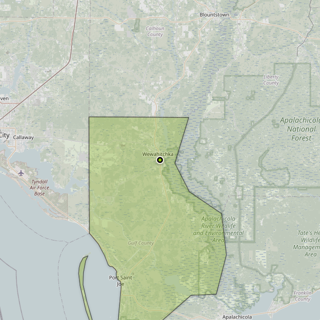 Map showing Gulf County around Wewahitchka, FL