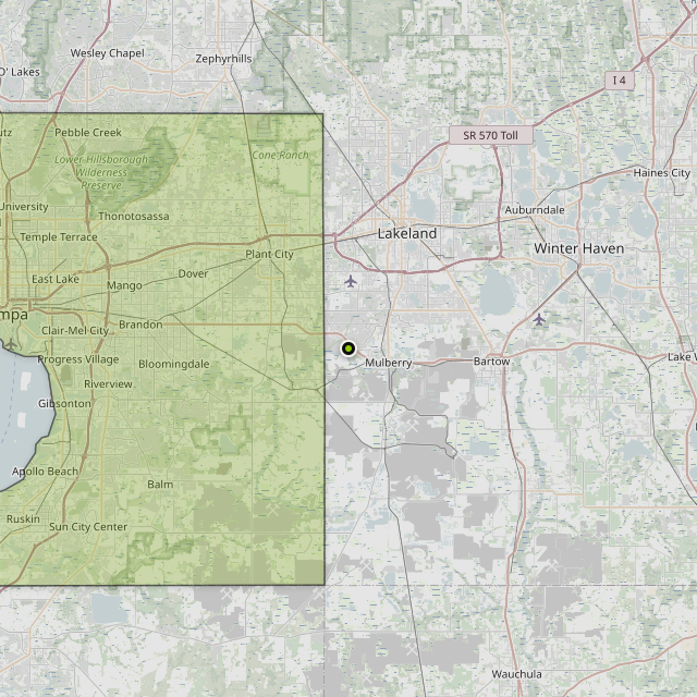 Map showing Hillsborough County around Mulberry, FL