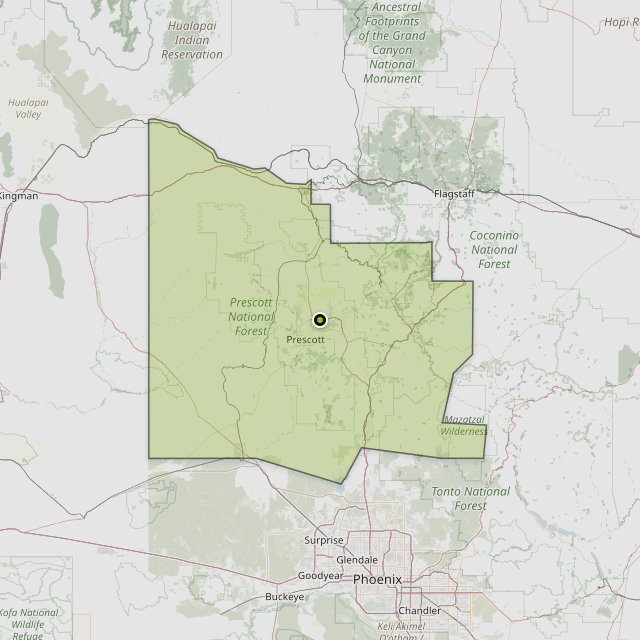 Map showing Yavapai County around Prescott, AZ