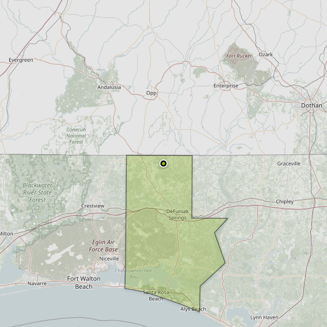 Map showing Walton County around Defuniak Springs, FL