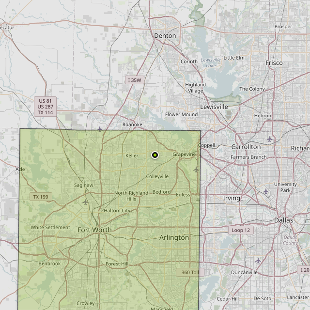 Map showing Tarrant County around Southlake, TX