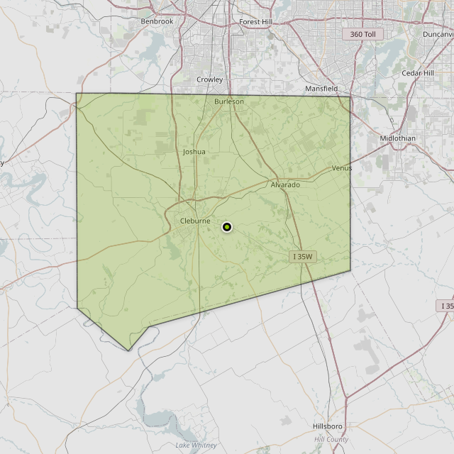 Map showing Johnson County around Cleburne, TX