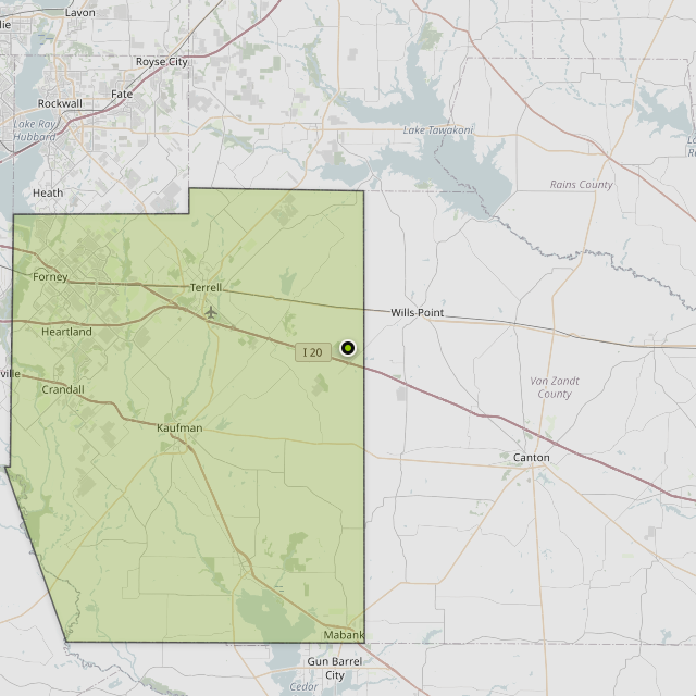 Map showing Kaufman County around Wills Point, TX