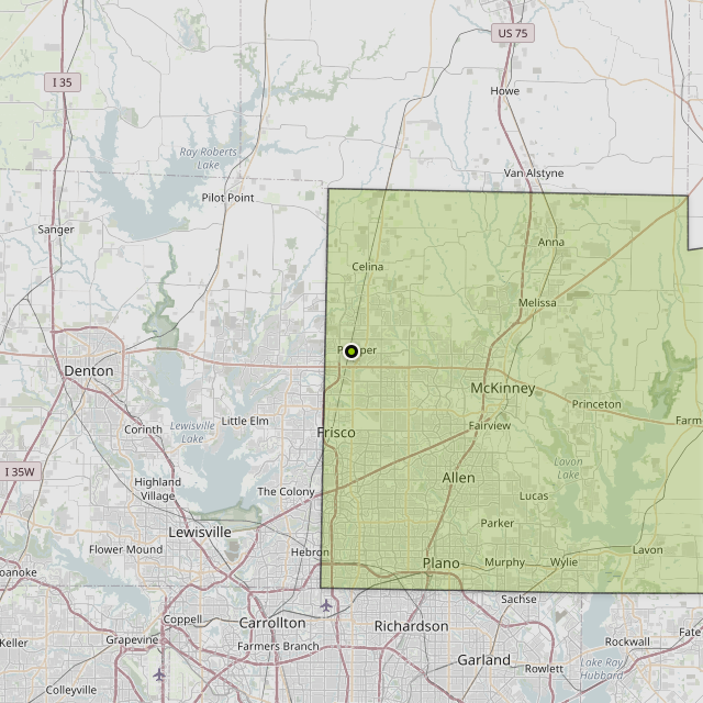 Map showing Collin County around Prosper, TX
