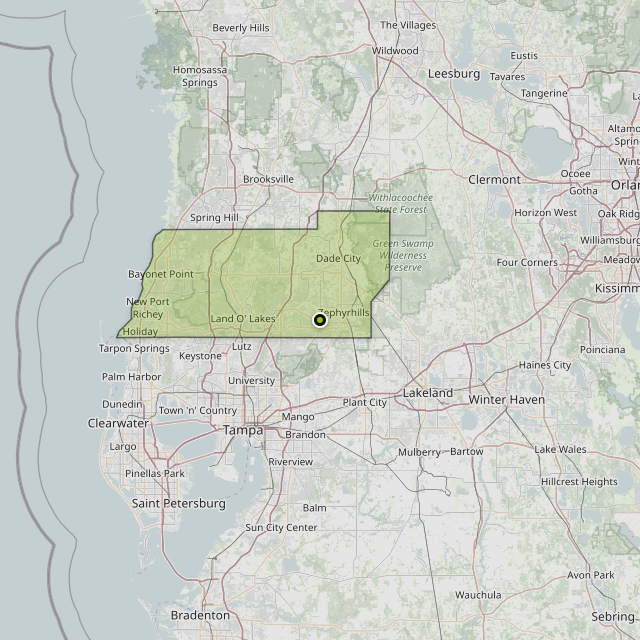 Map showing Pasco County around Zephyrhills, FL
