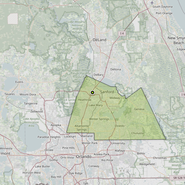 Map showing Seminole County around Sanford, FL