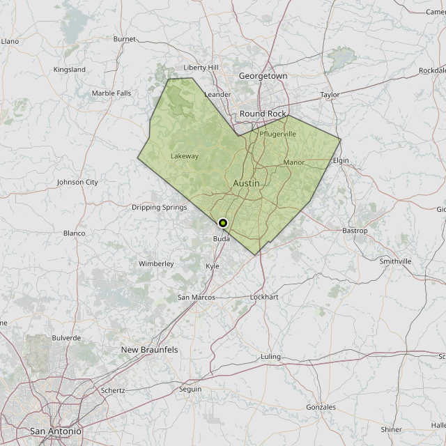 Map showing Travis County around Manchaca, TX