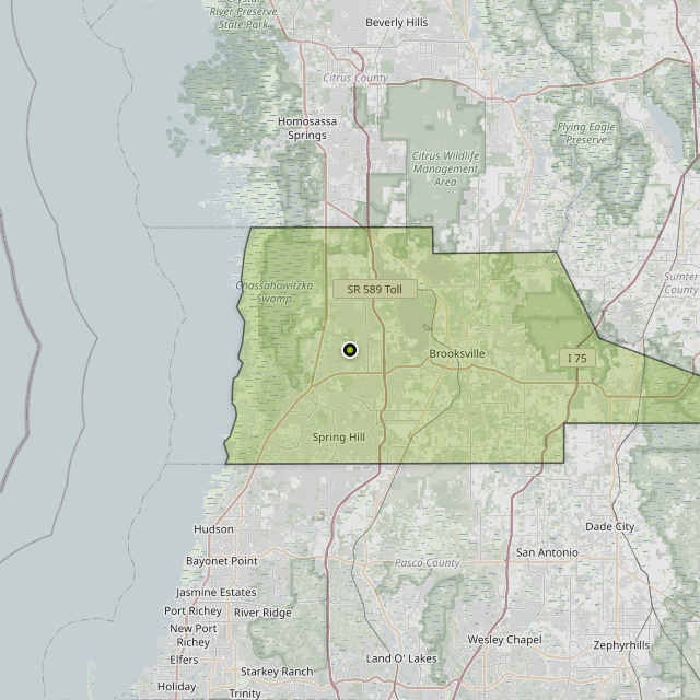 Map showing Hernando County around Spring Hill, FL