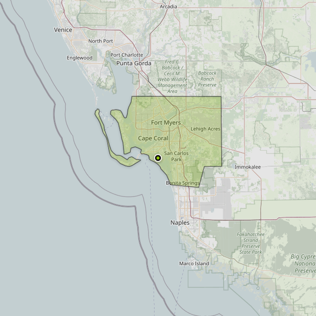 Map showing Lee County around Fort Myers Beach, FL