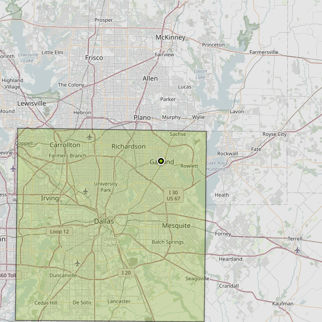 Map showing Dallas County around Garland, TX