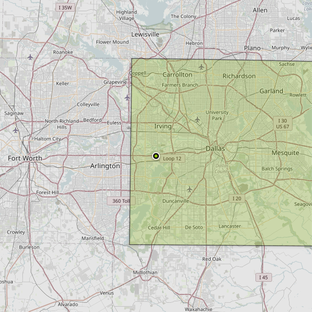 Map showing Dallas County around Grand Prairie, TX