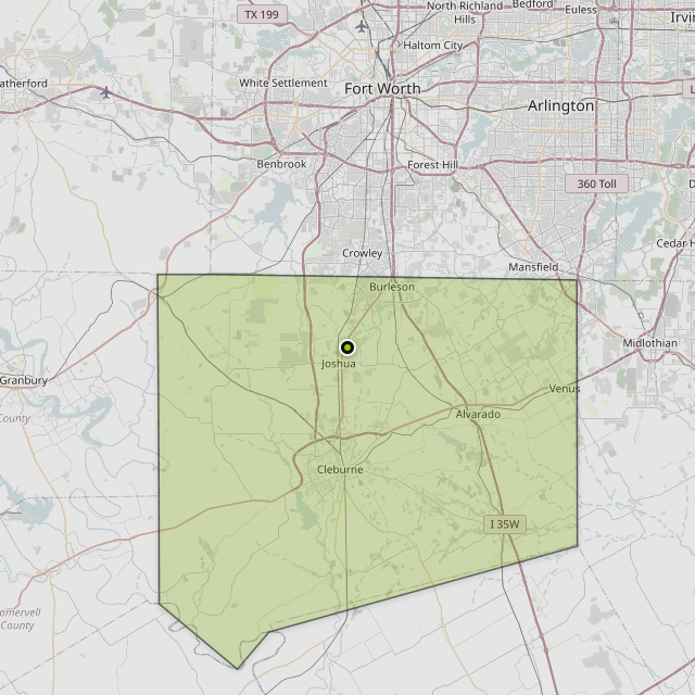 Map showing Johnson County around Joshua, TX