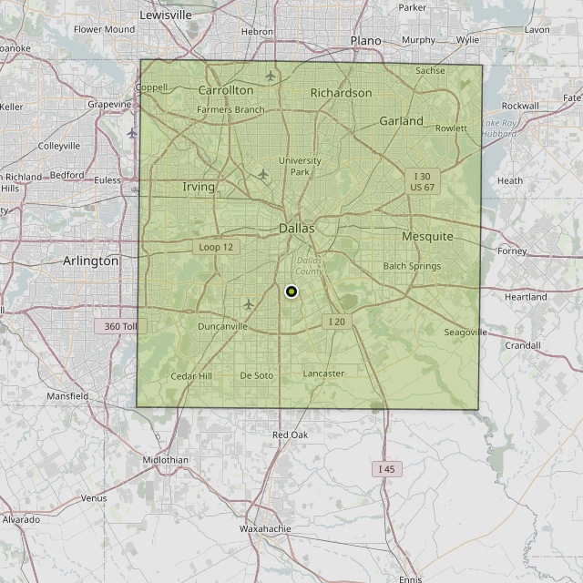 Map showing Dallas County around Dallas, TX